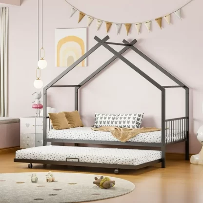 Kumix House Bed with Trundle, Twin Size Metal House Bed with a Roof Frame and Headboard, Footboard for Kids Teens Guests, with Twin Size Trundle,House Bed for 2, Noise-Free, Easy Assembly, Black