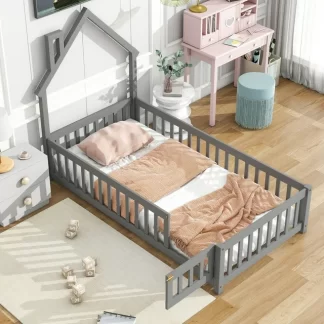 Kumix Floor Bed with Fence and Door House-Shaped Headboard, Twin Size Solid Wood Floor Bed for Kids Boys Girls, Heavy Duty Toddler Floor Bed for Bedroom, No Weight Capacity Limit, Gray