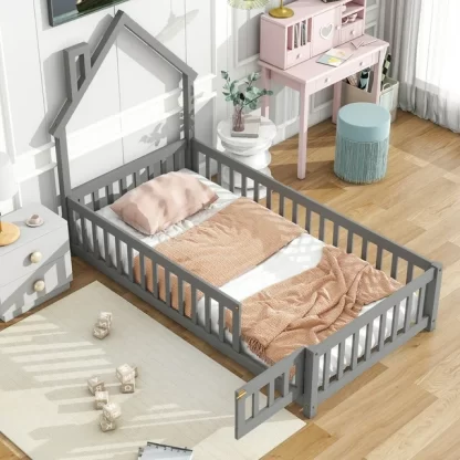 Kumix Floor Bed with Fence and Door House-Shaped Headboard, Twin Size Solid Wood Floor Bed for Kids Boys Girls, Heavy Duty Toddler Floor Bed for Bedroom, No Weight Capacity Limit, Gray