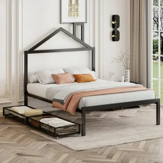 Kumix Platform Bed with Drawers, Full Size Metal House Platform Bed with House-Shaped Headboard Design and Slats Supports for Kids Teens Adults, Noise-Free Platform Bed for Bedroom, Dorm, Black