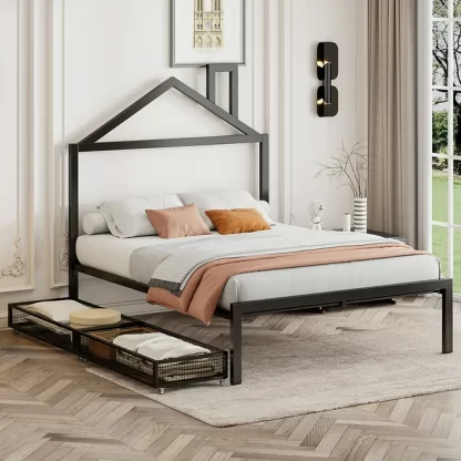 Kumix Platform Bed with Drawers, Full Size Metal House Platform Bed with House-Shaped Headboard Design and Slats Supports for Kids Teens Adults, Noise-Free Platform Bed for Bedroom, Dorm, Black