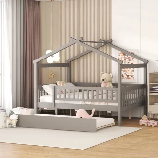 Kumix House Platform Bed with Twin Size Trundle, Full Size Wooden House Bed with Roof Frame and Fence Guardrail for Kids Teens Adults, Noise-Free Platform Bed for 2, Easy Assembly, Gray