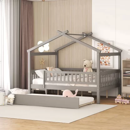 Kumix House Platform Bed with Twin Size Trundle, Full Size Wooden House Bed with Roof Frame and Fence Guardrail for Kids Teens Adults, Noise-Free Platform Bed for 2, Easy Assembly, Gray