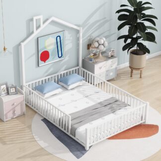 Kumix Metal House Floor Bed with Fence Guardrail and Chimney, Full Floor Bed for Kids Toddlers, No Weight Capacity Limit, Heavy Duty Floor Bed Frame for Bedroom, Easy Assembly, White