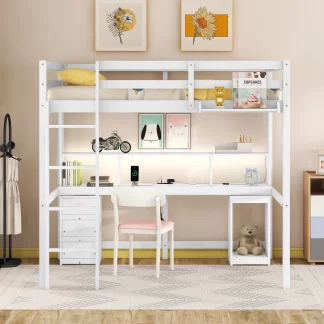 Kumix Loft Bed Full Size with Desk, Wood Loft Bed with LED Light and Bedside Tray, Charging Station, Storage Shelves for Kids Teens Adults, Heavy Duty Loft Bed for Bedroom, Noise-Free, White