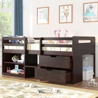 Kumix Loft Bed Twin Size, Wood Loft Bed with Two Shelves and Two Drawers for Kids Teens Adults, Heavy Duty Loft Bed Frame with Full Length Guardrail and Ladder for Bedroom, Space-Saving, Brown