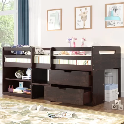 Kumix Loft Bed Twin Size, Wood Loft Bed with Two Shelves and Two Drawers for Kids Teens Adults, Heavy Duty Loft Bed Frame with Full Length Guardrail and Ladder for Bedroom, Space-Saving, Brown