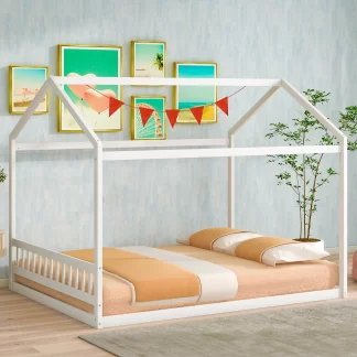 Kumix Floor Bed with Roof Frame, Wooden Queen Size House Floor Bed with Headboard for Kids Young Teens Boys and Girls, Heavy Duty House Floor Bed for Bedroom, Dorm, Noise-Free, White