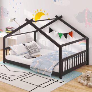 Kumix House Floor Bed with Roof Frame and Slats Support, Full Kids Floor Bed with Headboard and Footboard for Boys and Girls, Heavy Duty Floor Bed Frame for Bedroom, Dorm, Noise-Free, Espresso