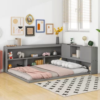 Kumix Floor Bed with L-shaped Bookcases, Sliding Doors, without Slats, Full Size Toddler Floor Bed for Kids Toddlers Aged 1-3, Wooden Floor Beds for Bedroom, No Weight Capacity Limit, Gray
