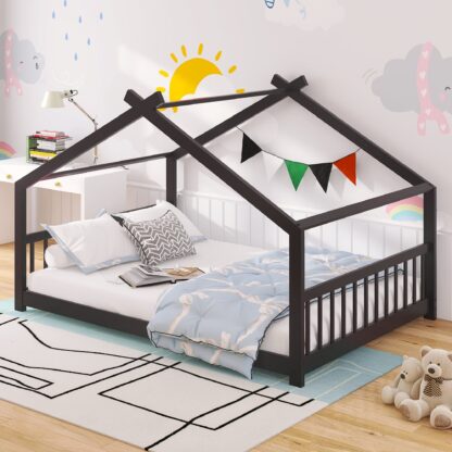 Kumix House Floor Bed with Roof Frame and Slats Support, Full Kids Floor Bed with Headboard and Footboard for Boys and Girls, Heavy Duty Floor Bed Frame for Bedroom, Dorm, Noise-Free, Espresso