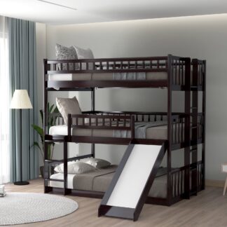 Kumix Triple Bunk Bed with Slide, Bunk Bed Full over Full and Full with Safety Guardrail and Build-in Ladders for Kids Teens Adults, 3 in 1 Bunk Beds, Wood Bunk Bed Frame for Bedroom, Espresso