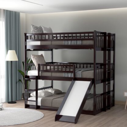 Kumix Triple Bunk Bed with Slide, Bunk Bed Full over Full and Full with Safety Guardrail and Build-in Ladders for Kids Teens Adults, 3 in 1 Bunk Beds, Wood Bunk Bed Frame for Bedroom, Espresso