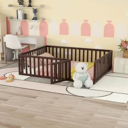 Kumix Queen Floor Bed for Kids with Fence and Door, Wood Floor Bed Frame for Toddler 1-3 Aged, Noise-Free Low Floor Bed for Bedroom, Dorm, No Weight Capacity Limit, Easy Assembly, Walnut