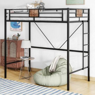 Kumix Loft Bed Twin Size, Metal Loft Bed Frame with Full-Length Guardrail and Build-in Ladder for Kids Teens Adults, Heavy Duty Loft Bed for Bedroom, Dorm, Space-Saving Design, Noise Free, Black