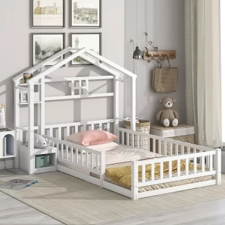 Kumix Floor Bed with Fence Railings and House Shape Headboard, Twin Size House Beds with Nightstand and Wooden Slats Support, Playhouse Bed Frame for Girls Boys, Easy Essembly, White