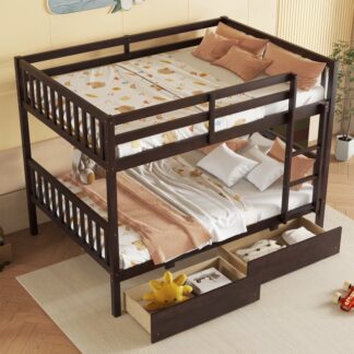 Kumix Bunk Bed with 2 Drawers, Rubber Wood Bunk Bed Full over Full with Full-Length Guardrail and Ladder for Kids Teens Adults, Bunk Bed Can Convertible into 2 Full Beds, Noise-Free, Espresso