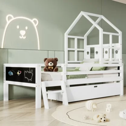 Kumix Twin Size House Bed with Ladder and Storage Drawer for Kids Teens Boys & Girls, Solid Wood Platform Bedframe with 2 Blackboards Design, No Box Spring Needed, Noise-Free, White