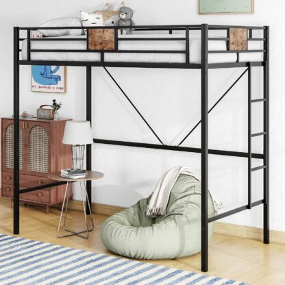Kumix Loft Bed Twin Size, Metal Loft Bed Frame with Full-Length Guardrail and Build-in Ladder for Kids Teens Adults, Heavy Duty Loft Bed for Bedroom, Dorm, Space-Saving Design, Noise Free, Black