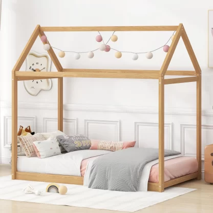 Kumix Floor Bed with House Roof and 7 Slats Support, Twin Size Wooden Floor Bed for Kids Toddlers 1-3 Aged, Heavy Duty House Bed Frame for Bedroom, Dorm, No Box Spring Needed, Natural