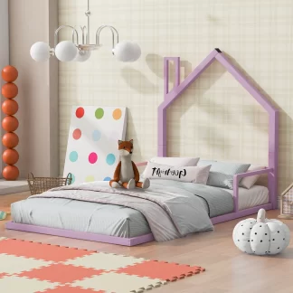 Kumix Floor Bed with House-shaped Headboard, 14 Slats Support, Handrail, Twin Size Metal Toddler Floor Bed for Kids Boys & Girls, Twin Low Beds Frame for Bedroom, Kids House Beds, Easy Assembly, Pink