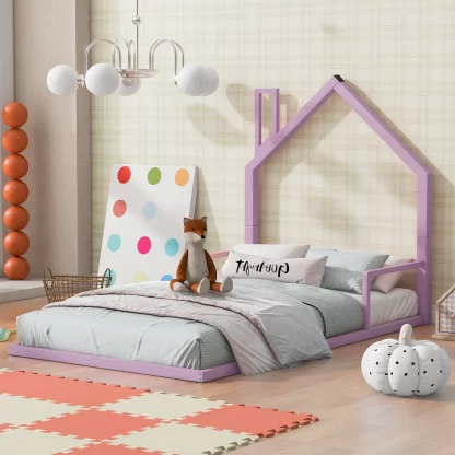 Kumix Floor Bed with House-shaped Headboard, 14 Slats Support, Handrail, Twin Size Metal Toddler Floor Bed for Kids Boys & Girls, Twin Low Beds Frame for Bedroom, Kids House Beds, Easy Assembly, Pink