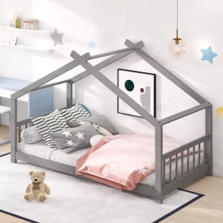 Kumix House Floor Bed with Roof Frame and Slats Support, Twin Kids Floor Bed with Headboard and Footboard for Boys and Girls, Heavy Duty Floor Bed Frame for Bedroom, Dorm, Noise-Free, Gray