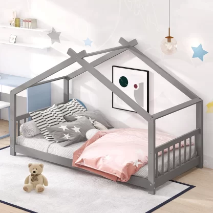 Kumix House Floor Bed with Roof Frame and Slats Support, Twin Kids Floor Bed with Headboard and Footboard for Boys and Girls, Heavy Duty Floor Bed Frame for Bedroom, Dorm, Noise-Free, Gray