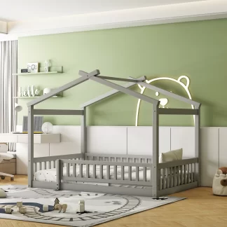 Kumix Floor Bed with Roof, Fence Guardrail, Wooden Full Size House Bed with Slats Support for Kids Teens, Girls, Boys, Toddler Floor Bed for Bedroom, No Box Spring Needed, Easy Assembly, Gray