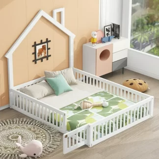 Kumix Floor Bed with Fence Guardrail and House-shaped Design, Full Size Wooden House Platform Bed for Kids Toddlers Boys and Girls, No Box Spring Needed, Noise-Free, Easy Assembly, White