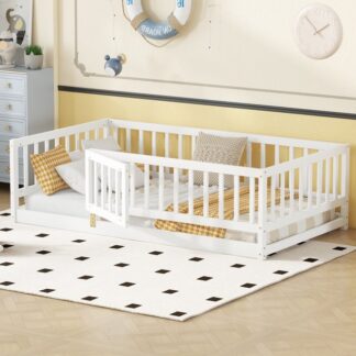 Kumix Floor Bed with Fence and Door, Wooden Twin Size Montessori Floor Bed Frame for Kids, Toddler, Girls, Boys, Kids Montessori Bed Twin Size for Bedroom, Dorm, Noise-Free, Easy Assembly, White