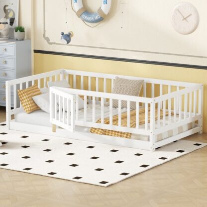 Kumix Floor Bed with Fence and Door, Wooden Twin Size Montessori Floor Bed Frame for Kids, Toddler, Girls, Boys, Kids Montessori Bed Twin Size for Bedroom, Dorm, Noise-Free, Easy Assembly, White