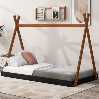 Kumix Tent Floor Bed Twin Size with Triangle Structure, Solid Wood Floor Bed Frame with X-Shaped Railings for Kids Boys & Girls, Toddler Floor Bed for Bedroom, Easy Assembly, Black+Brown