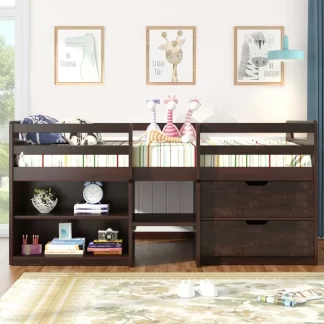 Kumix Loft Bed Twin Size, Wood Loft Bed with Two Shelves and Two Drawers for Kids Teens Adults, Heavy Duty Loft Bed Frame with Full Length Guardrail and Ladder for Bedroom, Space-Saving, Espresso