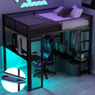 Kumix Loft Bed with LED, Desk, Open Wardrobe and 3 Linen Storage Drawers, Metal Gaming Loft Bed Full Size with Guardrail and Ladder for Kids Teens Adults, No Box Spring Needed, Black
