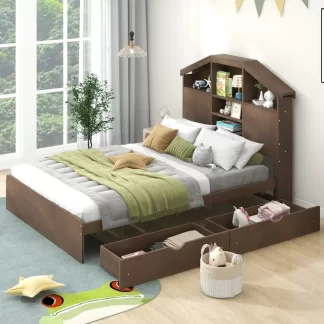 Kumix Platform Bed with House-shaped Storage Headboard and 2 Drawers, Wooden Platform Bed Full Size with Slats Support for Kids Teens Adults, Heavy Duty Platform Bed for Bedroom, Walnut
