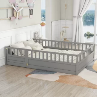 Kumix Floor Bed Full Size with Door and Fence, Toddler Bed for Kids Aged 1-3, Wood Floor Bed with Safety Guardrails for Bedroom, Floor Bed Frame for Girls & Boys, No Box Spring Needed, Gray