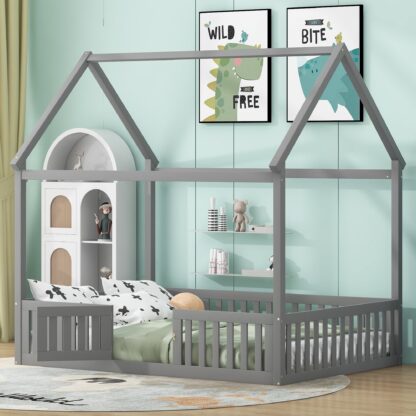 Kumix House Beds with Fence Guardrail and Door, Wood Full Floor Beds with Roof Frame for Kids Teens, Toddler Floor Beds for Bedroom, Dorm, No Box Spring Needed, Easy Assembly, Noise-Free, Gray