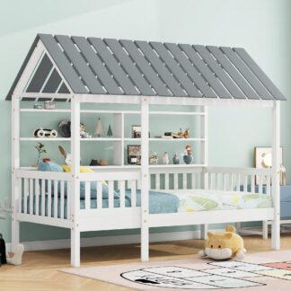 Kumix Platform Bed with Beside Shelves, Wooden Twin House Platfrom Bed with Guardrail and Roof for Kids Teens, Heavy Duty House Bed for Bedroom, Dorm, No Box Spring Needed, Noise-Free, White