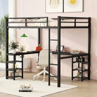 Kumix Loft Bed Full Size, Metal Loft Bed with Desk and Shelves for Kids Teens Adults, Full Loft Bed with Ladder and Guardrails for Bedroom, Noise-Free, Easy Assembly, Space-Saving, Black