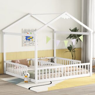 Kumix Double Twin House-Style Floor Bed with Fence Guardrails, without Door, Wooden Floor Bed for Kids Toddler 1-3 Aged, Heavy Duty Floor Bed Frame for Bedroom,Twin Floor Bed for 2, White