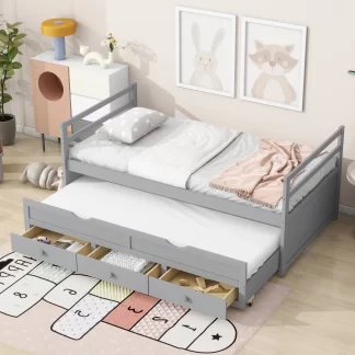 Kumix Twin Size Bed with Trundle and 3 Storage Drawers, Pine Wood Bed for Kids Teens Adults Guests with Headboard and Footboard, Twin Bed for 2, Easy Assembly, No Box Spring Needed, Gray