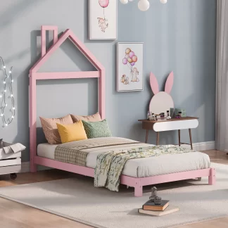 Kumix Wood Platform Bed with House-shaped Headboard and Slats Supports, Twin Size Low Floor Bed for Kids Teens, Heavy Duty Floor Bed Frame for Bedroom, Dorm, Noise-Free, Easy Assembly, Pink