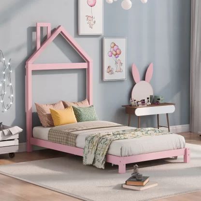 Kumix Wood Platform Bed with House-shaped Headboard and Slats Supports, Twin Size Low Floor Bed for Kids Teens, Heavy Duty Floor Bed Frame for Bedroom, Dorm, Noise-Free, Easy Assembly, Pink