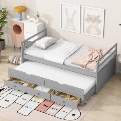 Kumix Twin Size Bed with Trundle and 3 Storage Drawers, Pine Wood Bed for Kids Teens Adults Guests with Headboard and Footboard, Twin Bed for 2, Easy Assembly, No Box Spring Needed, Gray