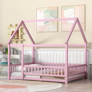 Kumix Full Size Floor Bed with House Roof Frame, Fence Guardrails, Wood Floor Bed for Toddler 1-3 Aged, Full Floor Bed for Kids Boys/Girls, No Weight Capacity Limit, Noise-Free, Pink