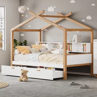 Kumix House Bed Frame with Two Drawers and Bookshelf Storage Space, Twin Size Wooden Platform Bed with Slats Support for for Kids Teens, Hou Bed for Children or Guest Room, Noise Free, White+Natural