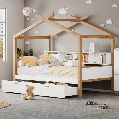 Kumix House Bed Frame with Two Drawers and Bookshelf Storage Space, Twin Size Wooden Platform Bed with Slats Support for for Kids Teens, Hou Bed for Children or Guest Room, Noise Free, White+Natural