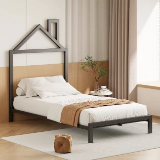Kumix Platform Bed with House-Shaped Headboard Design, Twin Size Metal Platform Bed with 14 Slats Support, House Platform Bed Frame for Bedroom, Dorm, Noise-Free, Easy Assembly, Black