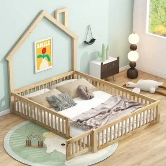 Kumix Floor Bed with Fence Guardrail and House-shaped Design, Full Size Wooden House Platform Bed for Kids Toddlers Boys and Girls, No Box Spring Needed, Noise-Free, Easy Assembly, Natural